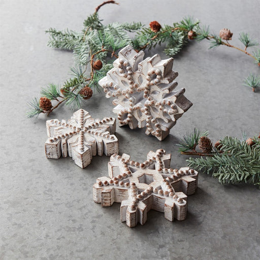 Melrose Beaded Wood Design Snowflake Decor, Set of 3, Brown/White