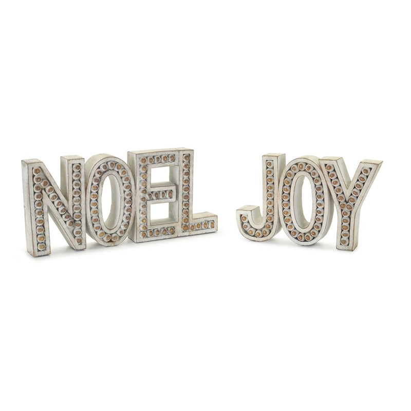 Melrose Beaded Wood Design Noel/Joy Sentiment, Set of 2, Brown/White - 76782DS