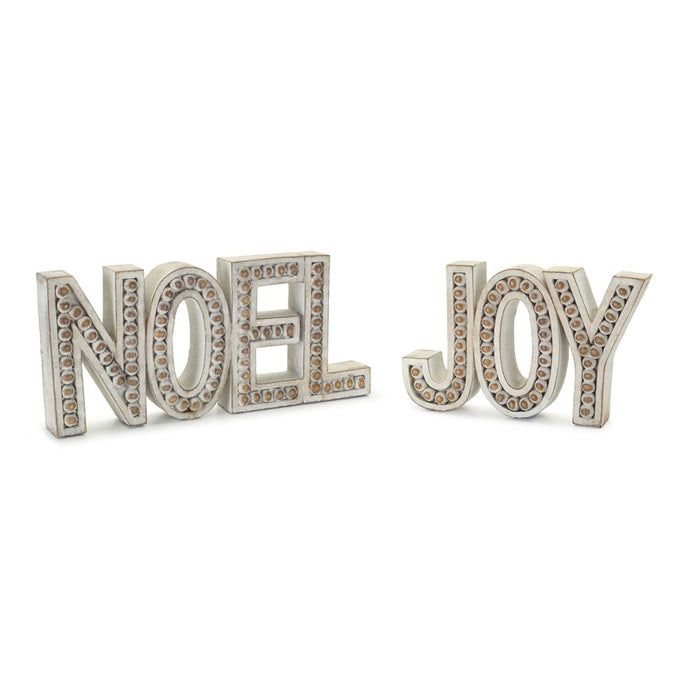 Melrose Beaded Wood Design Noel/Joy Sentiment, Set of 2, Brown/White - 76782DS