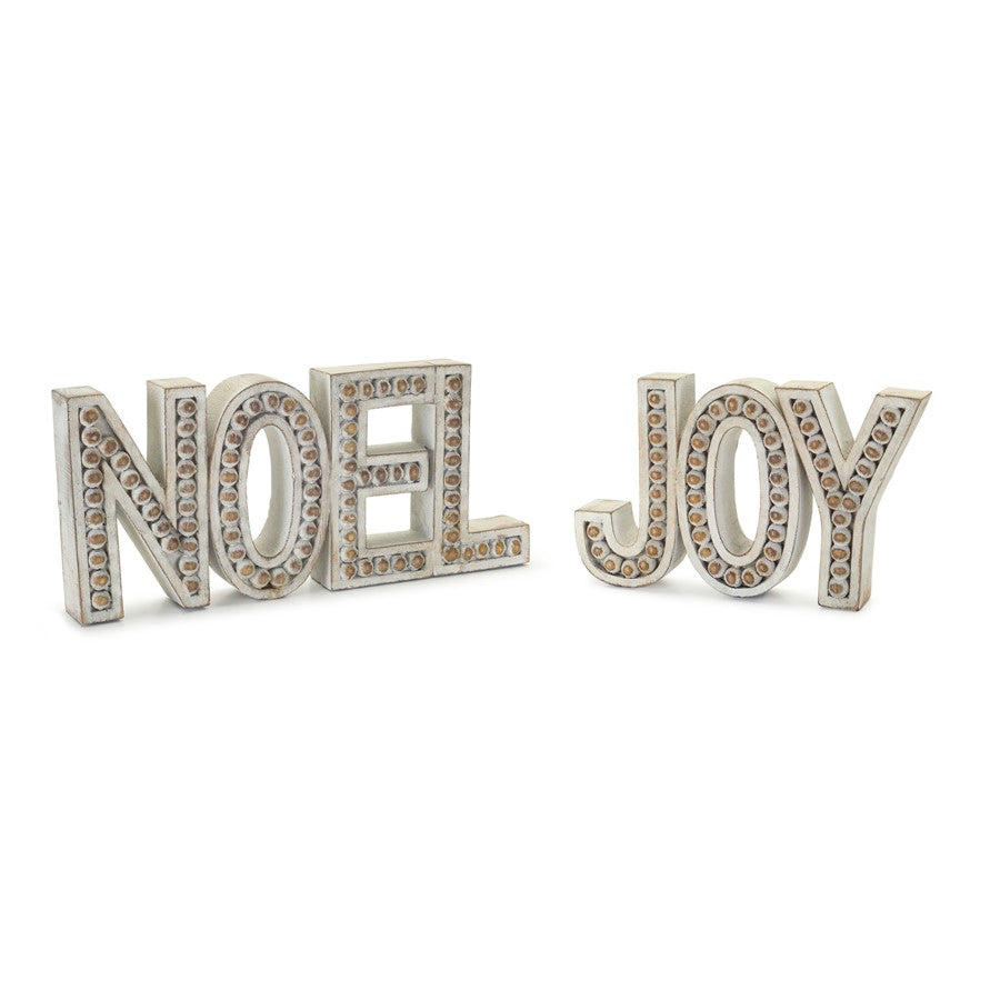 Melrose Beaded Wood Design Noel/Joy Sentiment, Set of 2, Brown/White - 76782DS