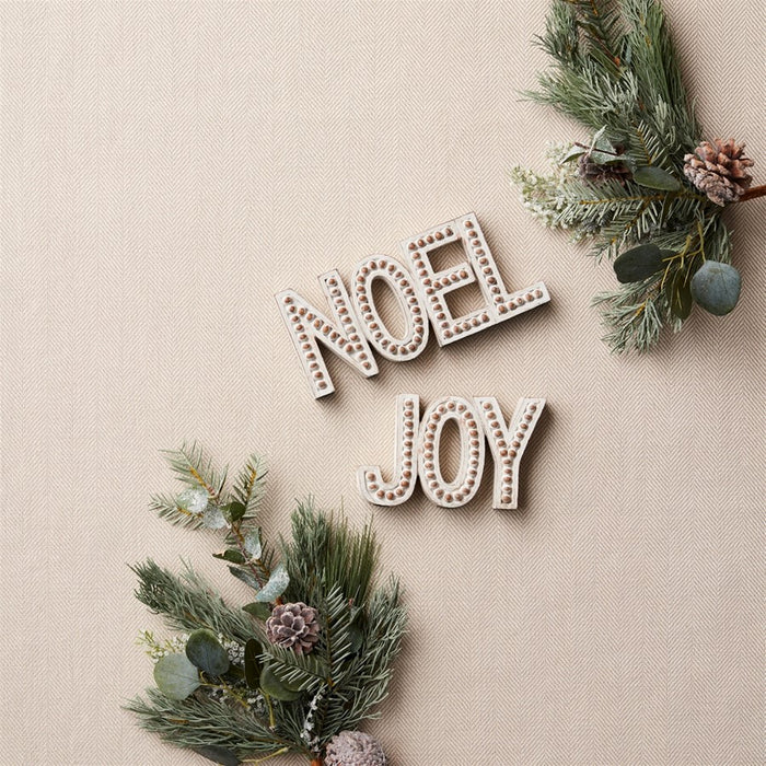 Melrose Beaded Wood Design Noel/Joy Sentiment, Set of 2, Brown/White