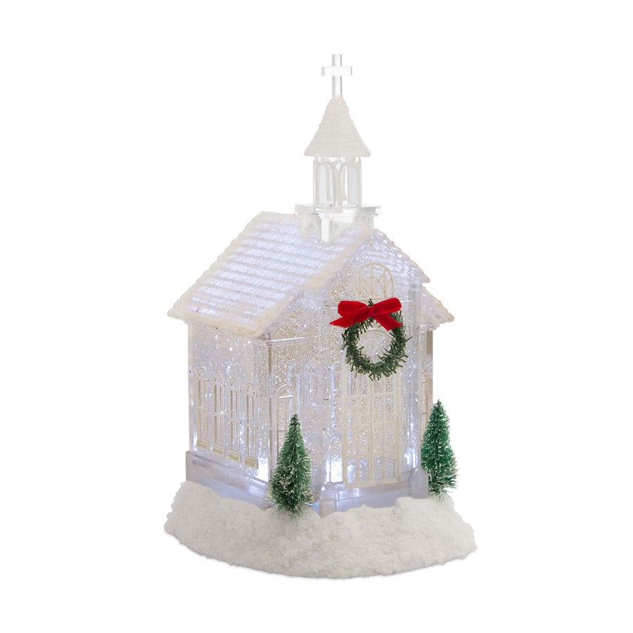 Melrose LED Church Snow Globe/Pine Accents 10.5"H, White/Red - 76837DS