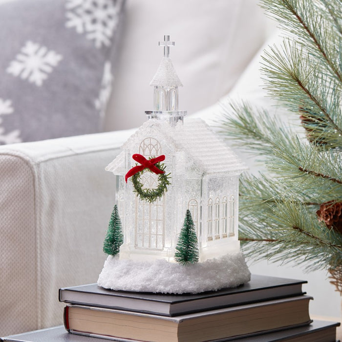Melrose LED Church Snow Globe/Pine Accents 10.5"H, White/Red