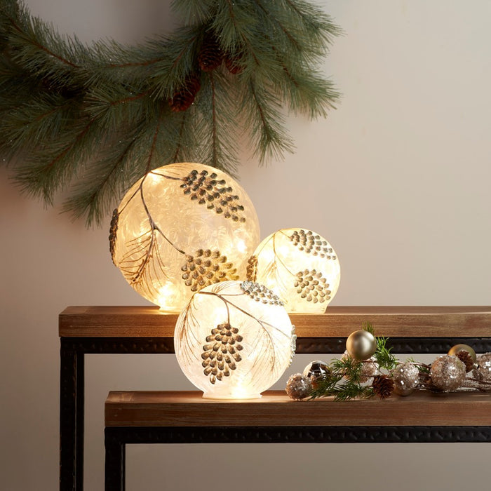 Melrose LED Frosted Gold Pinecone Orb, Set of 3, White/Gold
