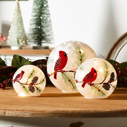 Melrose LED Frosted Glass Cardinal/Pine Orb, Set of 3, Red/Brown