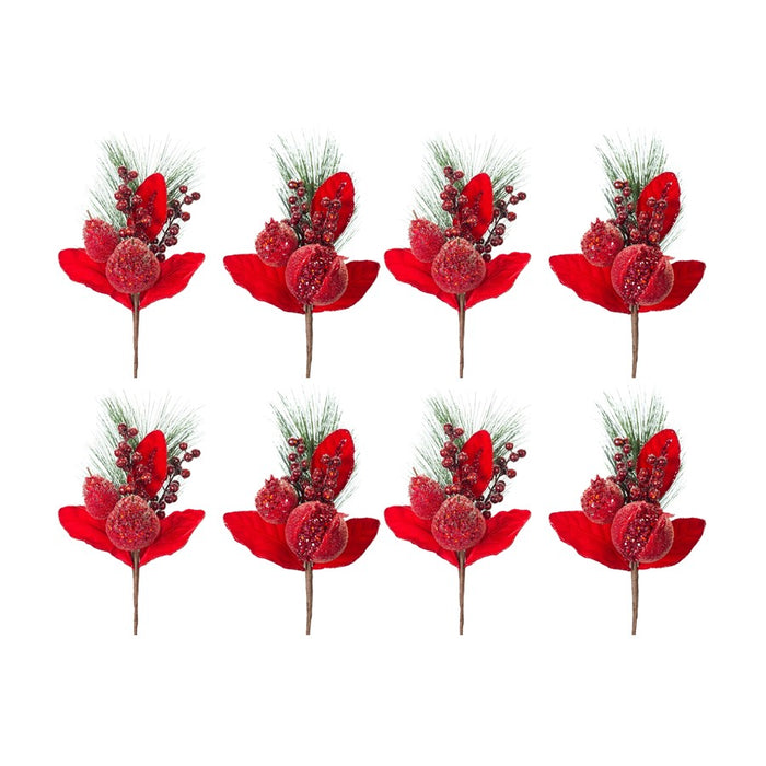 Melrose Beaded Pomegranate/Pear Pine Pick, Set of 8, Red/Green - 77391DS