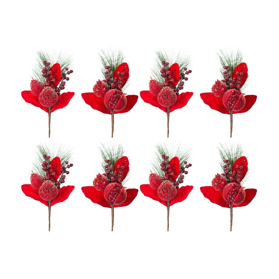 Melrose Beaded Pomegranate/Pear Pine Pick, Set of 8, Red/Green - 77391DS