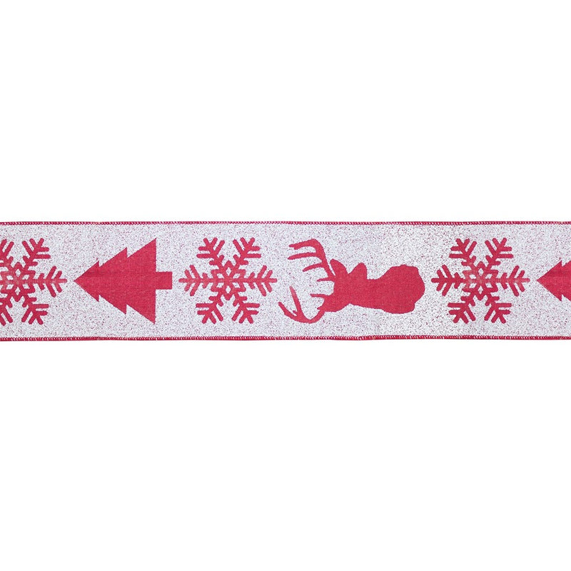 Melrose Red/White Deer/Tree Wired Ribbon, Set of 2, Red/White - 77446DS