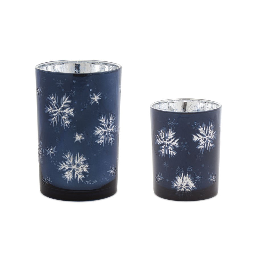 Melrose Frosted Votive Candle Holder/Snowflake, Set of 2, Blue/Silver - 77592DS