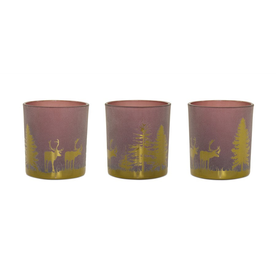 Melrose Glass Tea Light Holder/Woodland Scene, Set of 3, Red/Gold - 77597DS