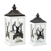Melrose Merry Christmas Lantern/Deer Design, Set of 2, White/Black - 77598DS