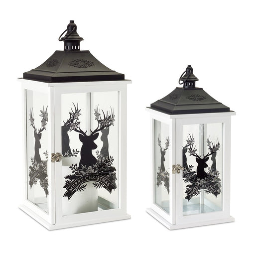 Melrose Merry Christmas Lantern/Deer Design, Set of 2, White/Black - 77598DS