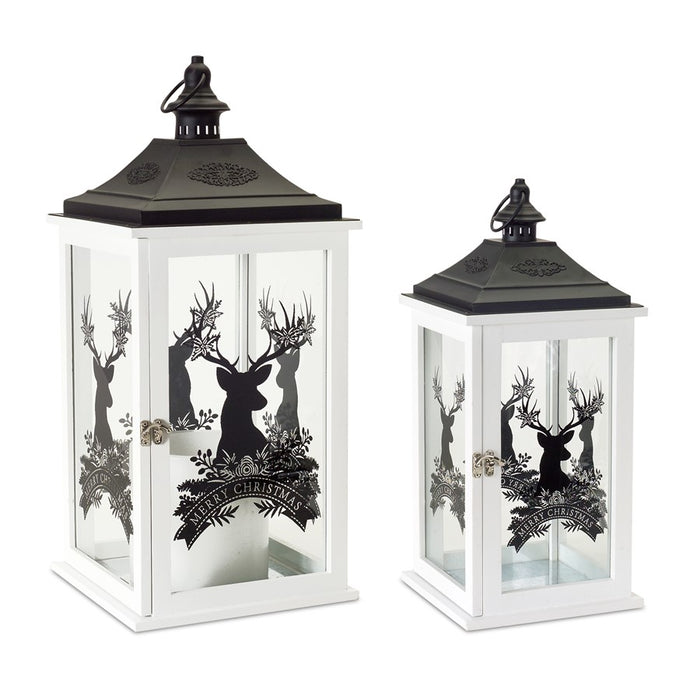 Melrose Merry Christmas Lantern/Deer Design, Set of 2, White/Black - 77598DS
