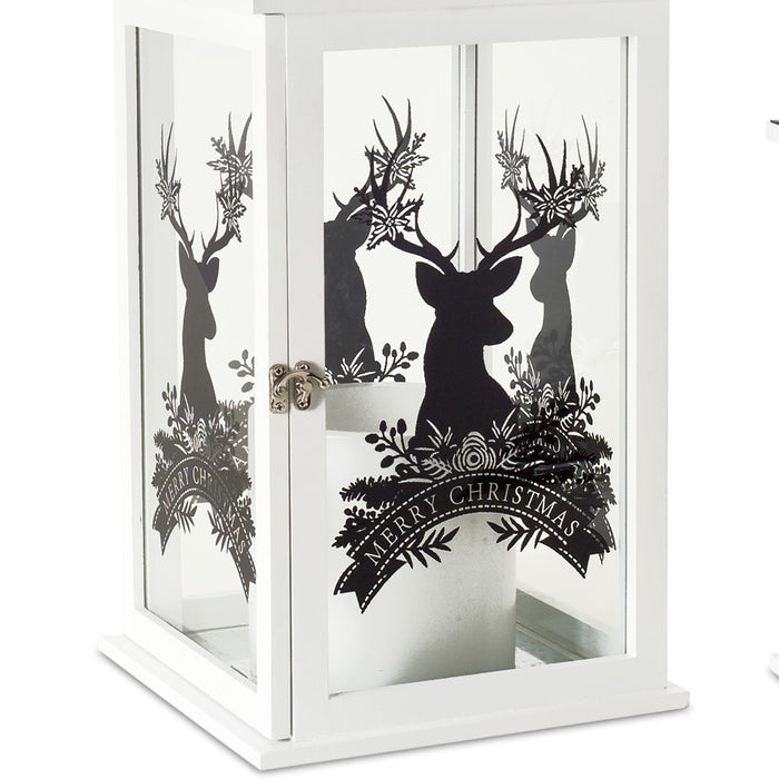 Melrose Merry Christmas Lantern/Deer Design, Set of 2, White/Black