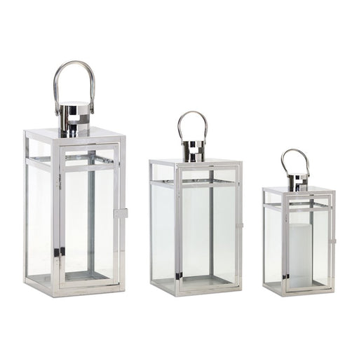 Melrose Modern Stainless Steel Metal Lantern, Set of 3, Clear/Silver - 78040DS