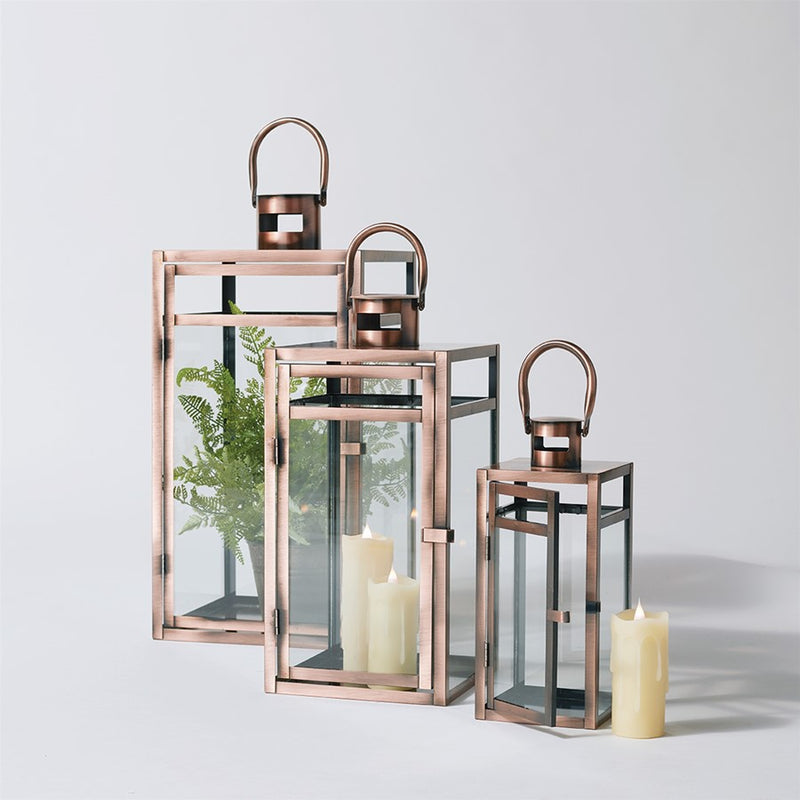 Melrose Contemporary Copper Metal Box Lantern, Set of 3, Copper/Black
