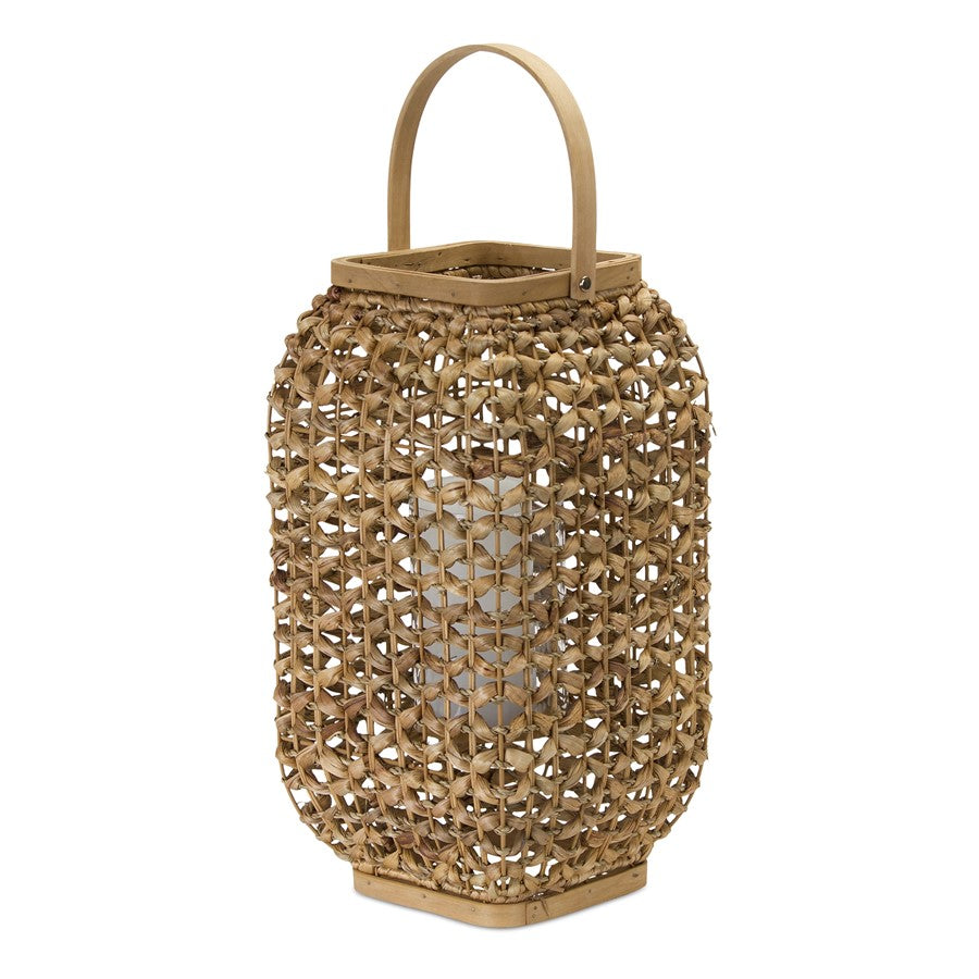 Melrose Woven Wicker Lantern/Glass Insert 16"H, Beige/Brown - 78043DS