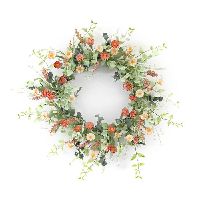Melrose International Mini Daisy Floral Wreath 24"D, Green/Pink/Brown - 78235DS