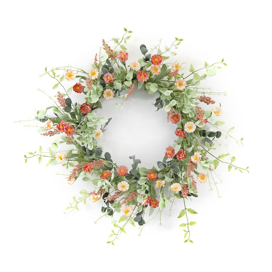 Melrose International Mini Daisy Floral Wreath 24"D, Green/Pink/Brown - 78235DS