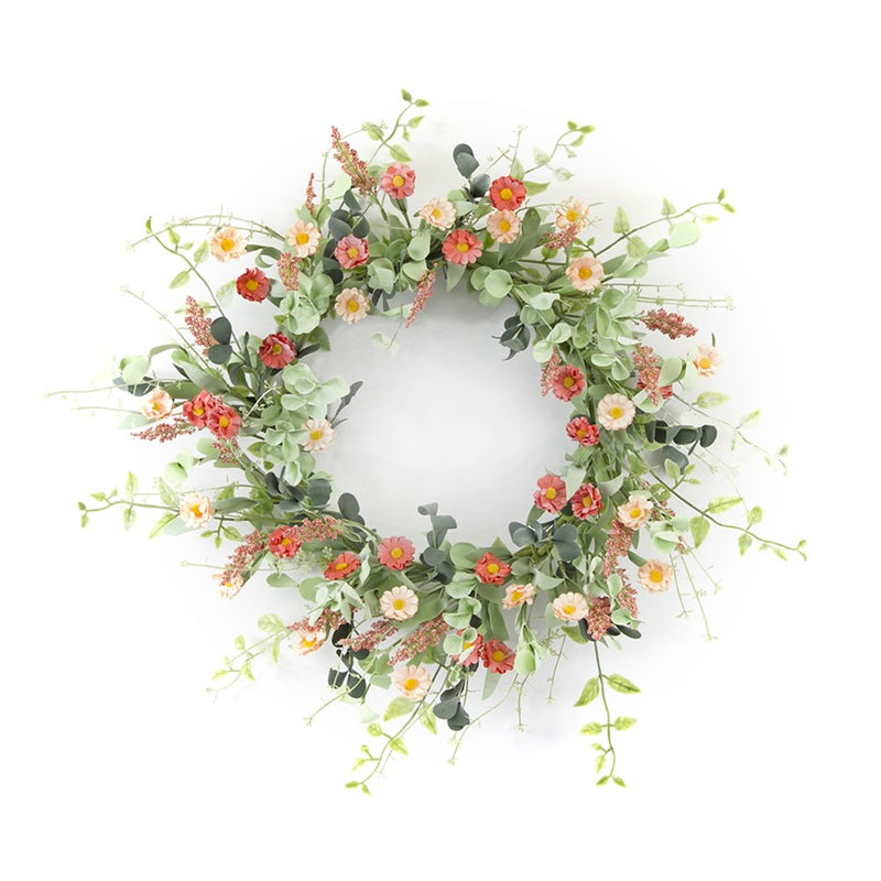 Melrose Mini Daisy Floral Wreath 24"D, Green/Pink/Brown - 78235DS