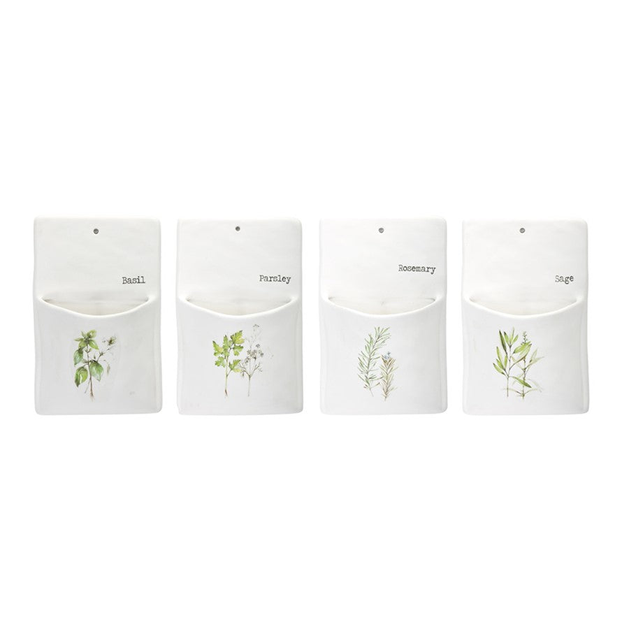 Melrose White Ceramic Herb Wall Pocket, Set of 4, Green/White/Black - 78251DS