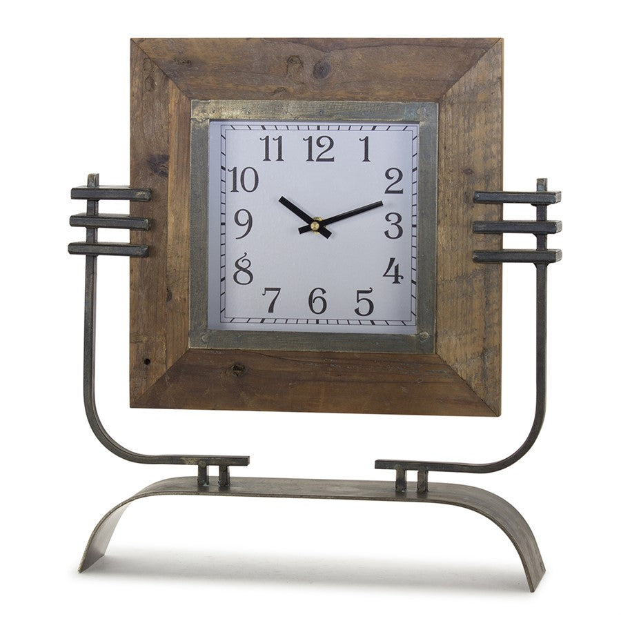 Melrose Wood Square Clock on Rustic Metal Stand 17.5"H, Brown/Black/Bl - 78267DS