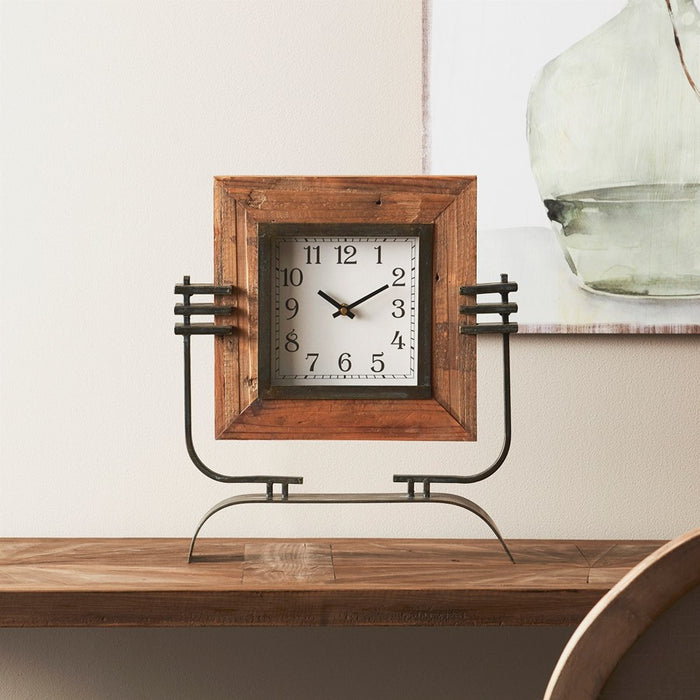 Melrose Wood Sq Clock on Rustic Metal Stand 17.5"H, Brown/Black/Black