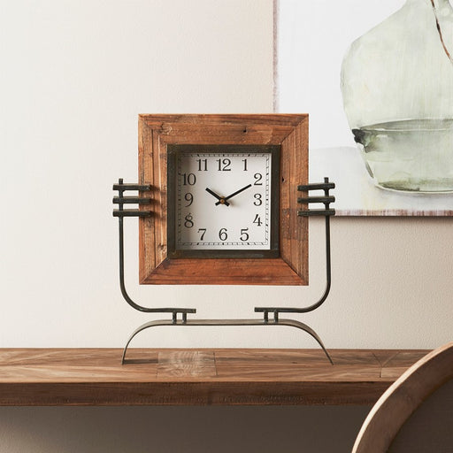 Melrose Wood Square Clock on Rustic Metal Stand 17.5"H, Brown/Black/Bl