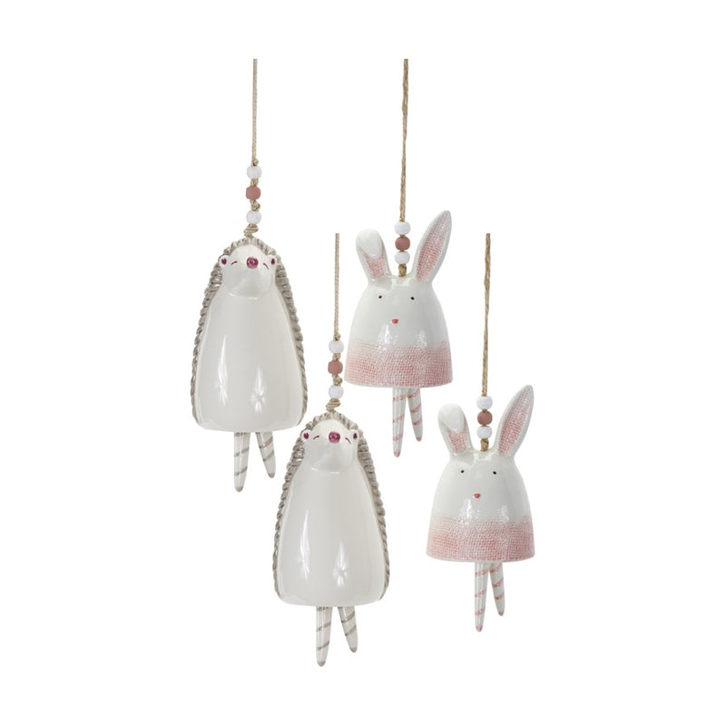 Melrose Blush Bunny/Hedgehog Bell Hanging Accent, Set of 4, White - 78396DS
