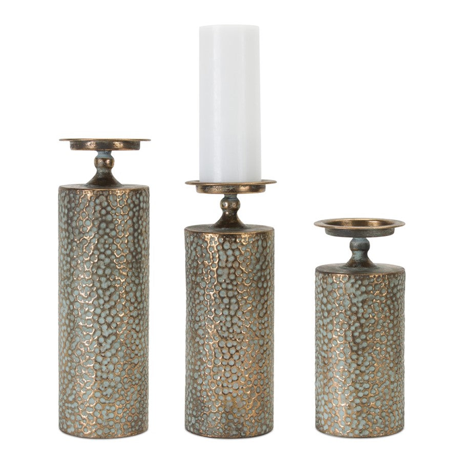 Melrose Hammered Bronze Metal Candle Holder, Set of 3, Copper/Green - 78445DS