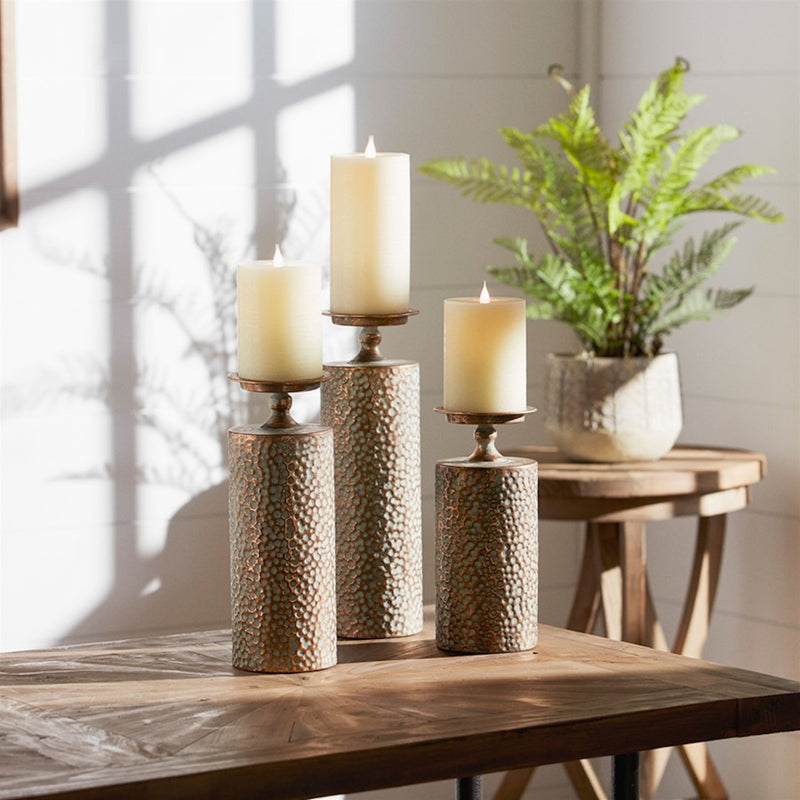 Melrose Hammered Bronze Metal Candle Holder, Set of 3, Copper/Green
