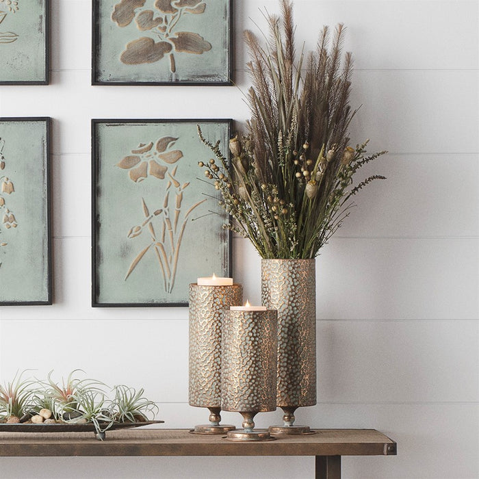 Melrose Hammered Bronze Metal Candle Holder, Set of 3, Copper/Green