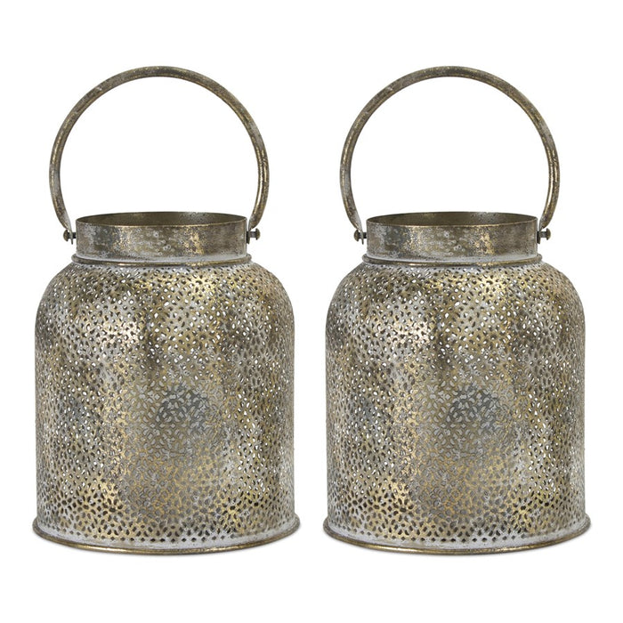 Melrose Punched Bronze Metal Candle Holder, Set of 2, Gold