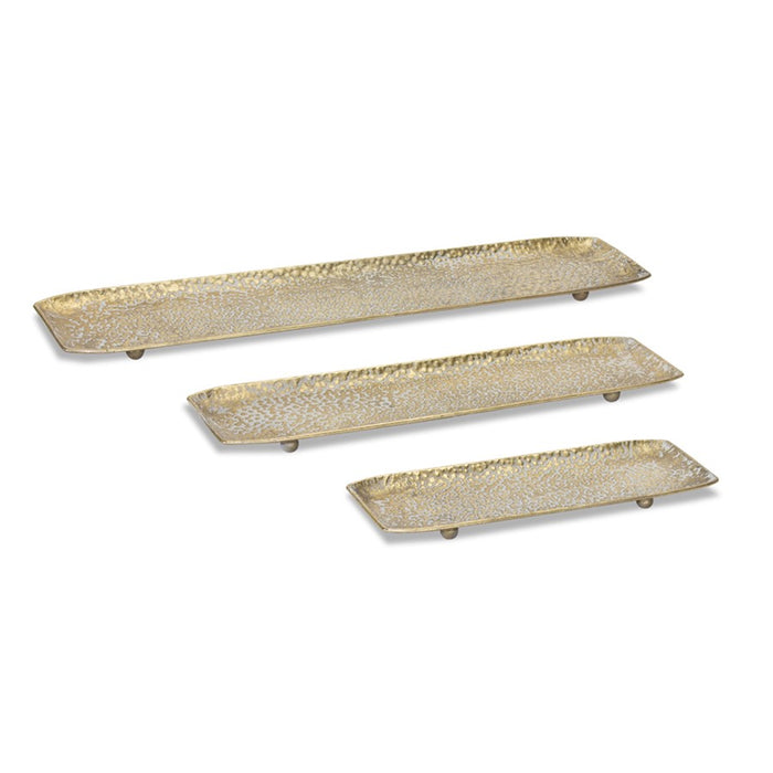 Melrose International Hammered Metal Tray/Washed, Set of 3, Gold/White - 78452DS