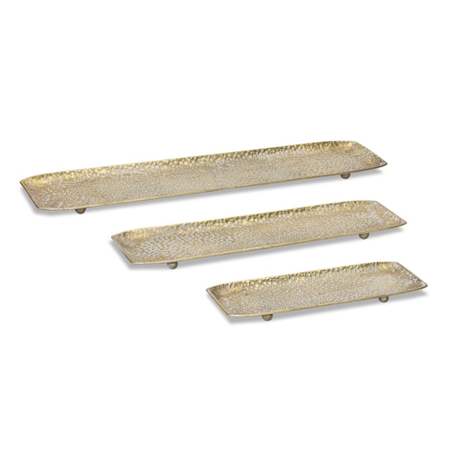 Melrose International Hammered Metal Tray/Washed, Set of 3, Gold/White - 78452DS