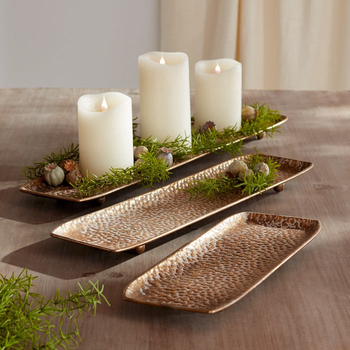Melrose International Hammered Metal Tray/Washed, Set of 3, Gold/White