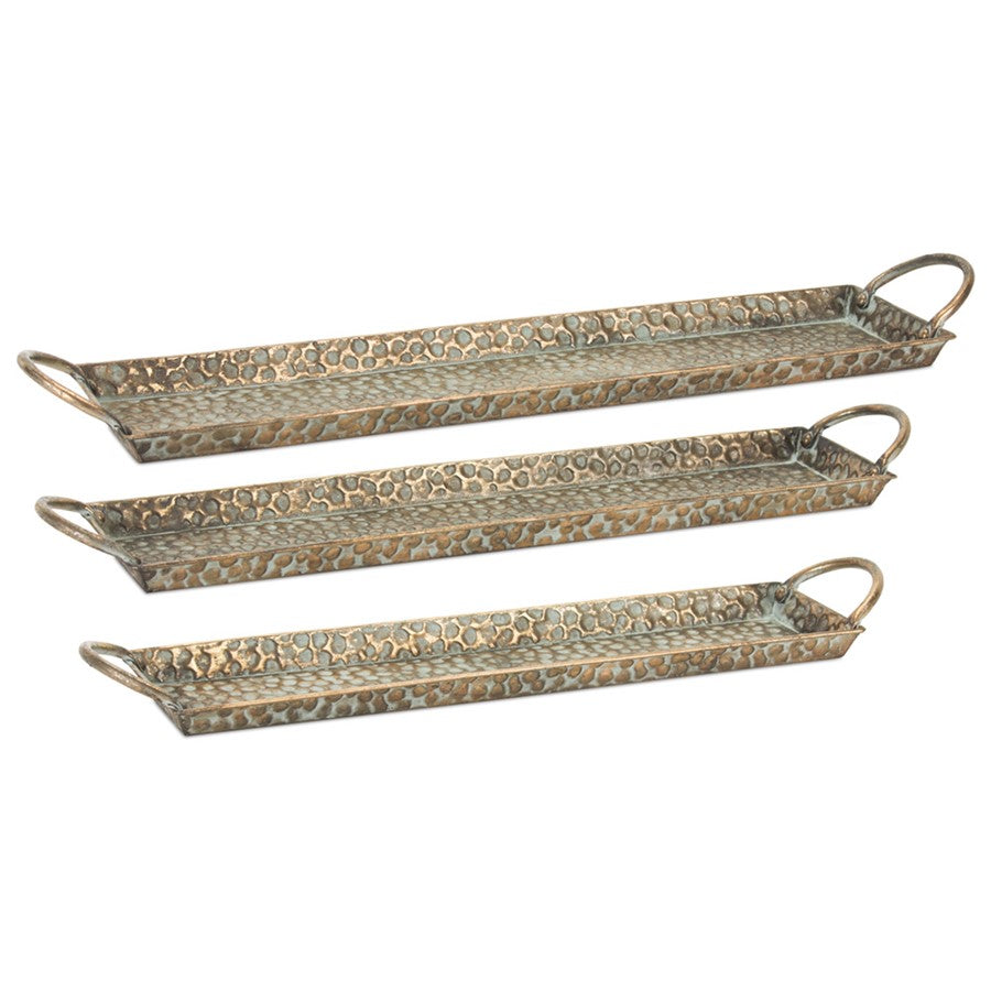 Melrose Hammered Metal Tray/Washed/Handles, Set of 3, Gold/Silver/Blue - 78453DS