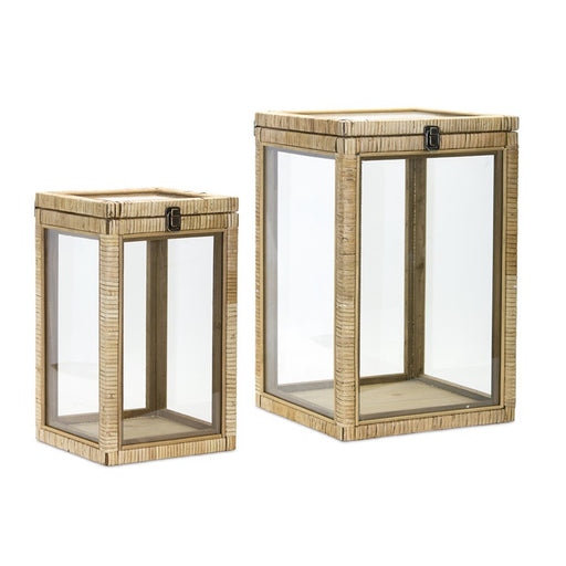Melrose Coastal Box Lantern/Glass Top, Set of 2, Brown/Tan/CleaRed - 78455DS