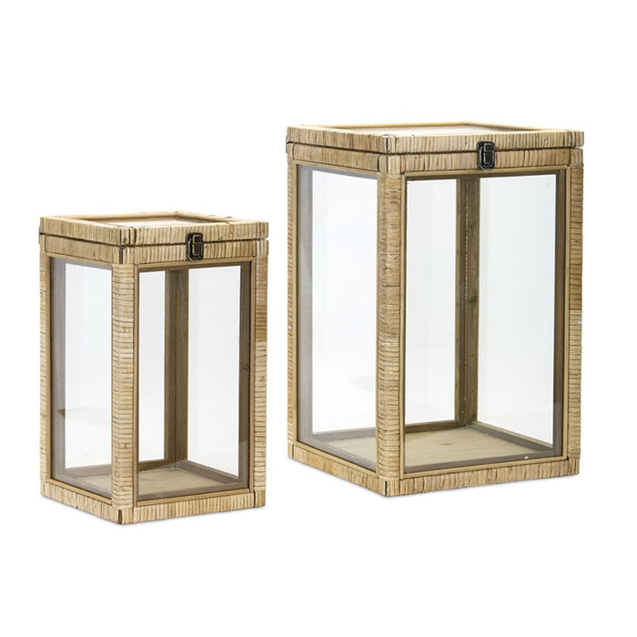 Melrose Coastal Box Lantern/Glass Top, Set of 2, Brown/Tan/CleaRed - 78455DS