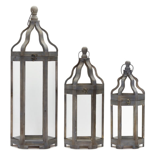 Melrose Wood Floor Lantern/Curved Top, Set of 3, Grey/Brown - 78465DS