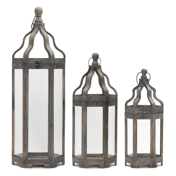 Melrose Wood Floor Lantern/Curved Top, Set of 3, Grey/Brown - 78465DS