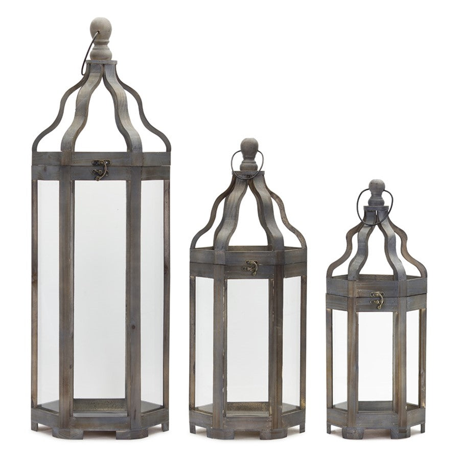 Melrose Wood Floor Lantern/Curved Top, Set of 3, Grey/Brown - 78465DS