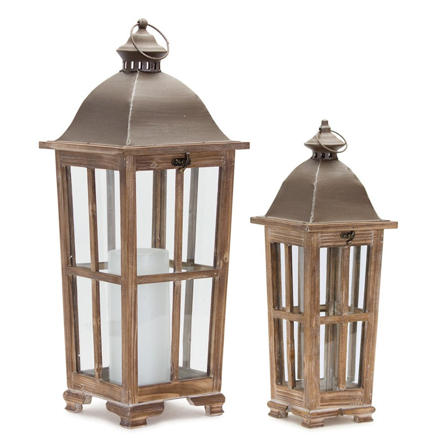 Melrose International Tapered Wood Lantern/Metal Lid, Set of 2, Brown - 78469DS
