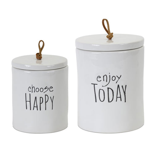 Melrose Stoneware Happy Sentiment Canister, Set of 2, Beige/White - 78603DS