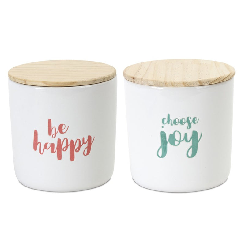 Melrose Stoneware Happy Sentiment Canister/Wood Lid, Set of 2, White/P - 78606DS