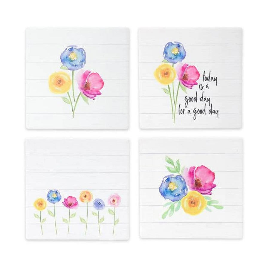 Melrose International Floral Tile Coaster, Set of 4, White/Black - 78687DS