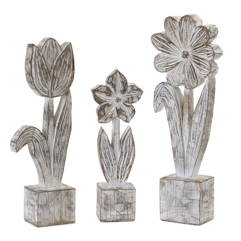 Melrose White Washed Potted Floral Sculpture/Set-3, Grey/White/Brown - 78750DS