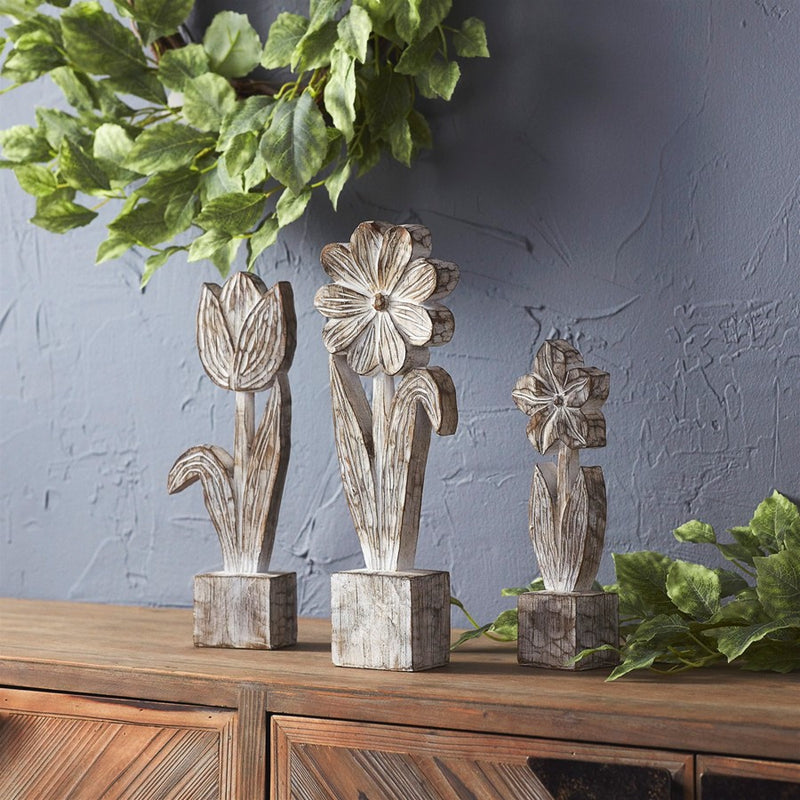 Melrose White Washed Potted Floral Sculpture/Set-3, Grey/White/Brown