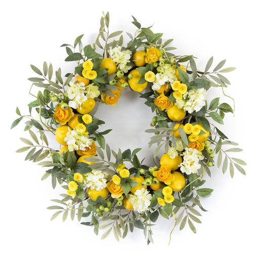 Melrose International Lemon Floral Wreath 28"D, Yellow/Green/Brown - 78776DS