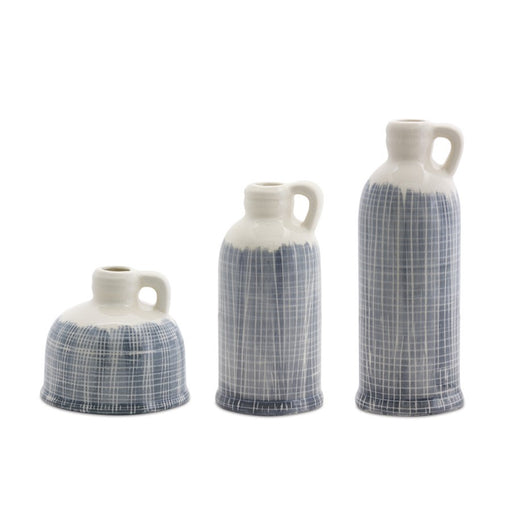 Melrose Terra Cotta Jug Vase/Criss Cross Pattern, Set of 3, Blue/White - 78793DS